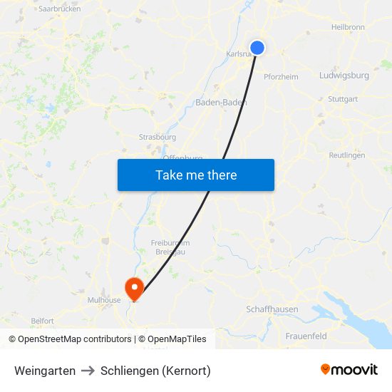 Weingarten to Schliengen (Kernort) map