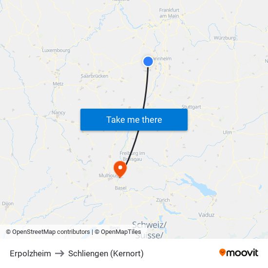 Erpolzheim to Schliengen (Kernort) map