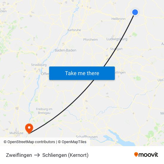 Zweiflingen to Schliengen (Kernort) map