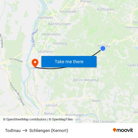 Todtnau to Schliengen (Kernort) map