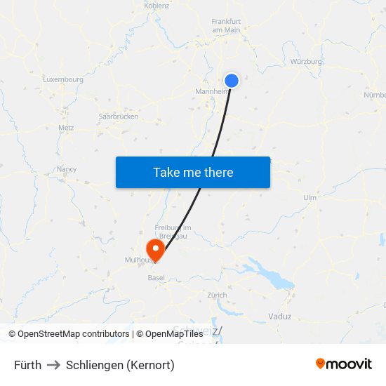 Fürth to Schliengen (Kernort) map