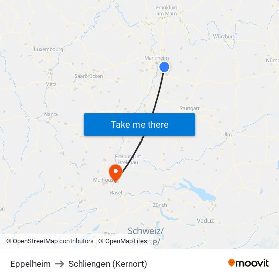 Eppelheim to Schliengen (Kernort) map