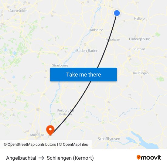 Angelbachtal to Schliengen (Kernort) map