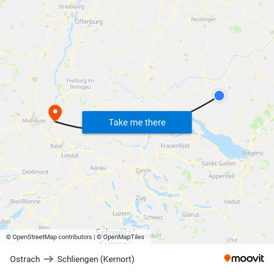 Ostrach to Schliengen (Kernort) map