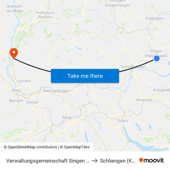 Verwaltungsgemeinschaft Singen (Hohentwiel) to Schliengen (Kernort) map