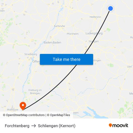 Forchtenberg to Schliengen (Kernort) map