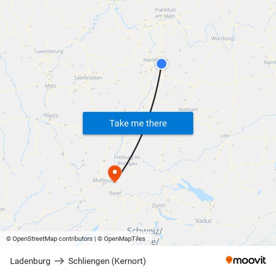 Ladenburg to Schliengen (Kernort) map