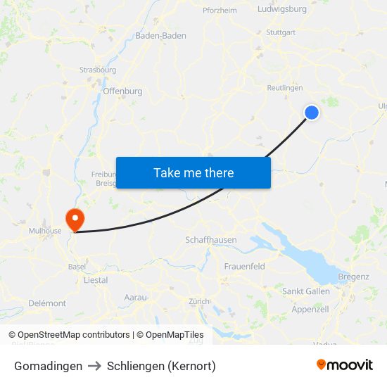 Gomadingen to Schliengen (Kernort) map