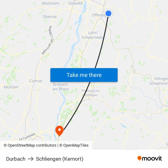 Durbach to Schliengen (Kernort) map