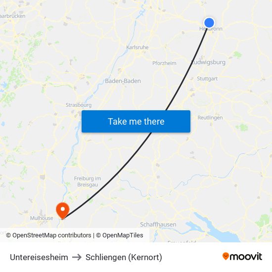 Untereisesheim to Schliengen (Kernort) map