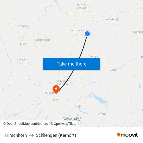 Hirschhorn to Schliengen (Kernort) map