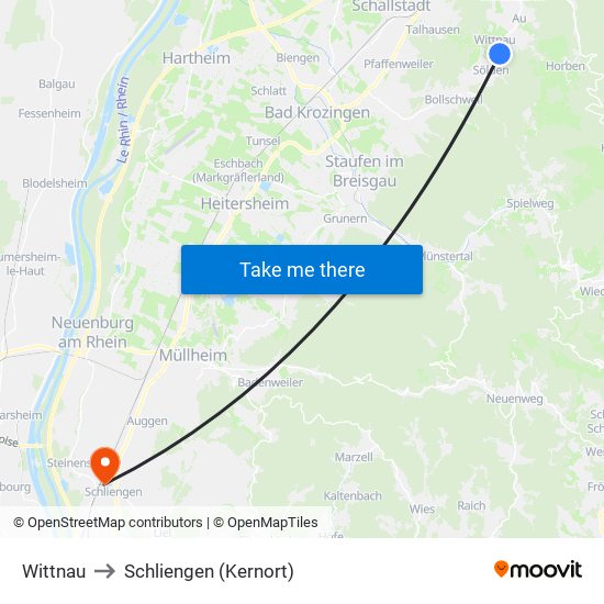 Wittnau to Schliengen (Kernort) map