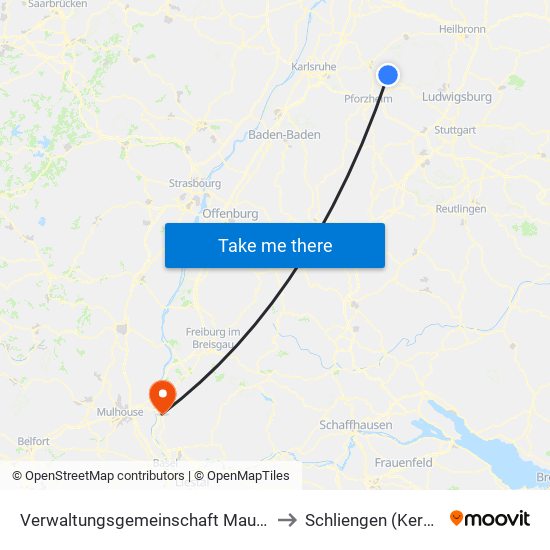 Verwaltungsgemeinschaft Maulbronn to Schliengen (Kernort) map