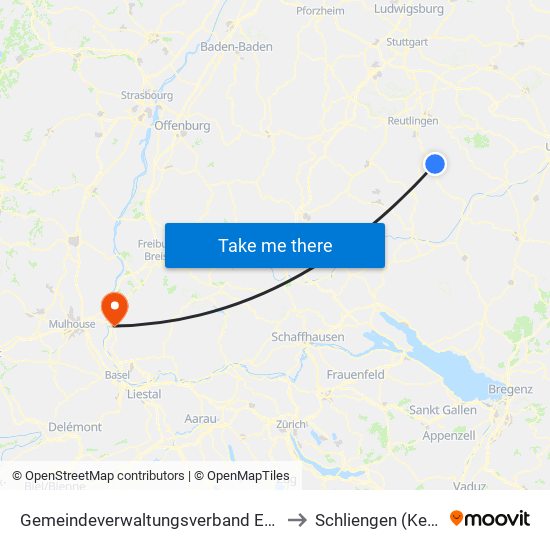 Gemeindeverwaltungsverband Engstingen to Schliengen (Kernort) map