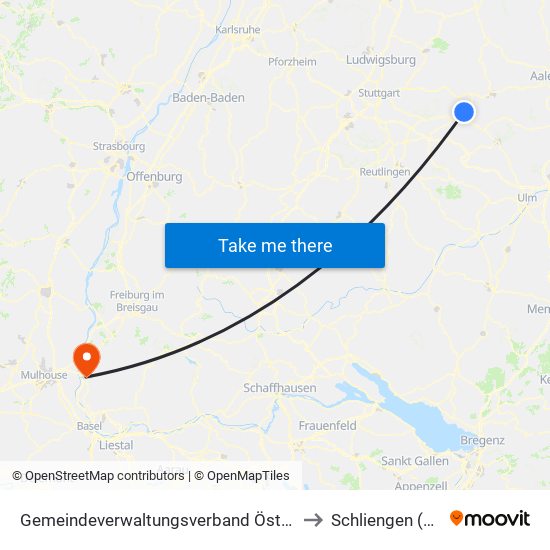 Gemeindeverwaltungsverband Östlicher Schurwald to Schliengen (Kernort) map