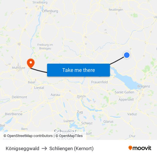 Königseggwald to Schliengen (Kernort) map