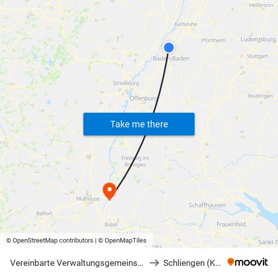 Vereinbarte Verwaltungsgemeinschaft Rastatt to Schliengen (Kernort) map