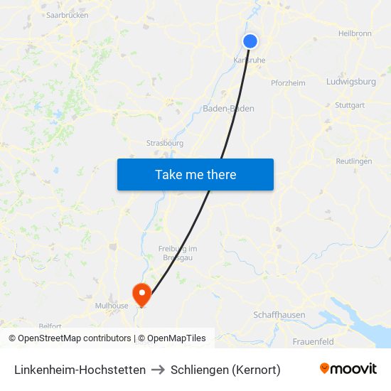 Linkenheim-Hochstetten to Schliengen (Kernort) map