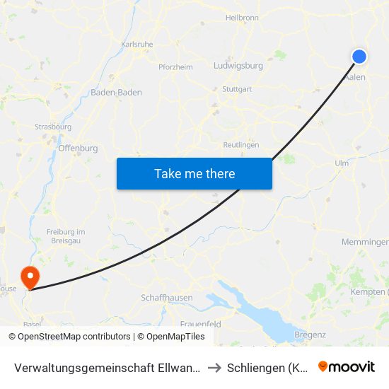 Verwaltungsgemeinschaft Ellwangen (Jagst) to Schliengen (Kernort) map