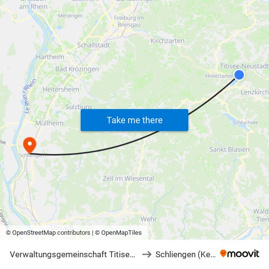 Verwaltungsgemeinschaft Titisee-Neustadt to Schliengen (Kernort) map