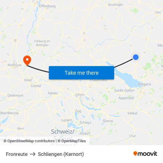 Fronreute to Schliengen (Kernort) map