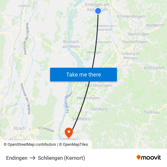 Endingen to Schliengen (Kernort) map