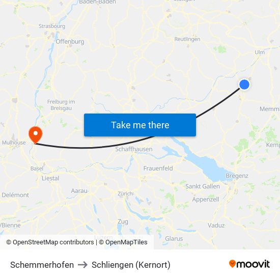 Schemmerhofen to Schliengen (Kernort) map