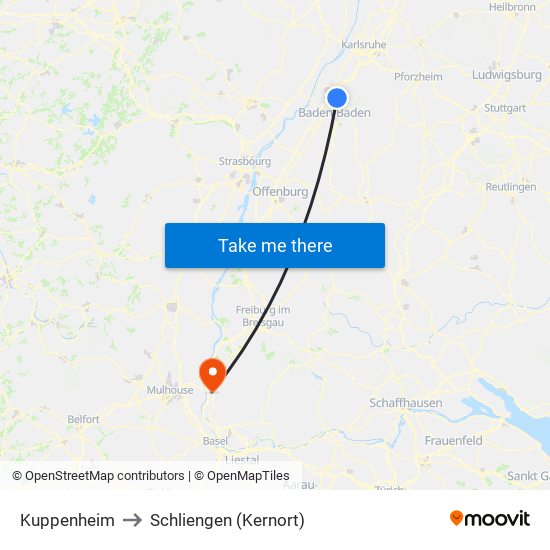 Kuppenheim to Schliengen (Kernort) map