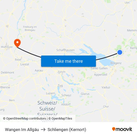 Wangen Im Allgäu to Schliengen (Kernort) map