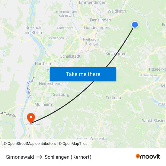 Simonswald to Schliengen (Kernort) map