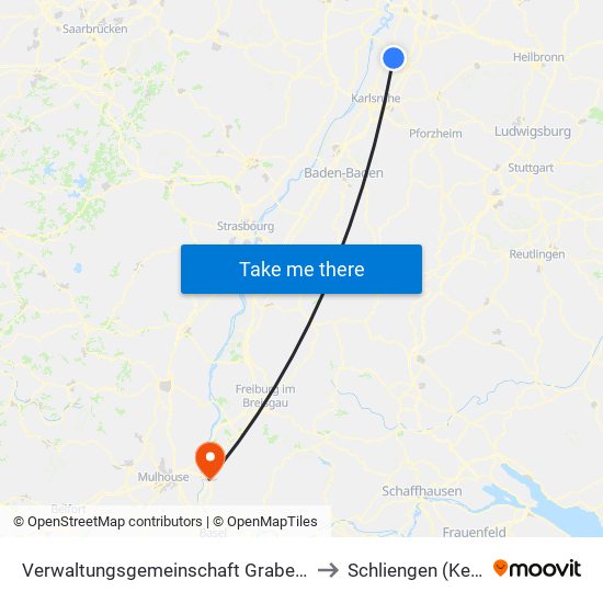 Verwaltungsgemeinschaft Graben-Neudorf to Schliengen (Kernort) map