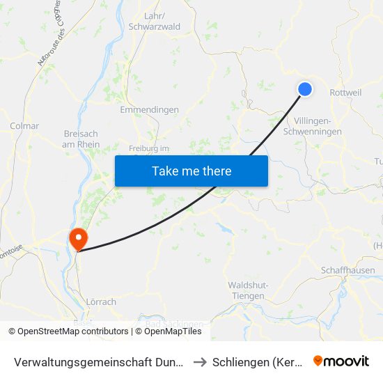 Verwaltungsgemeinschaft Dunningen to Schliengen (Kernort) map