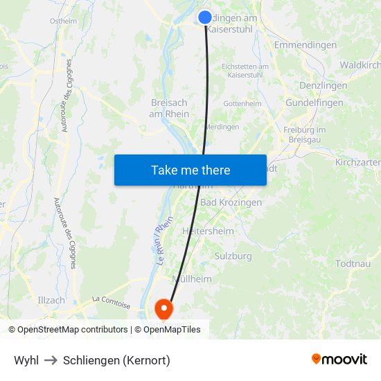 Wyhl to Schliengen (Kernort) map