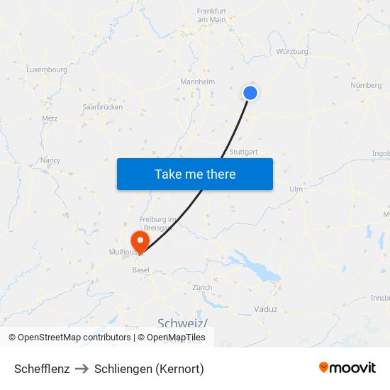 Schefflenz to Schliengen (Kernort) map