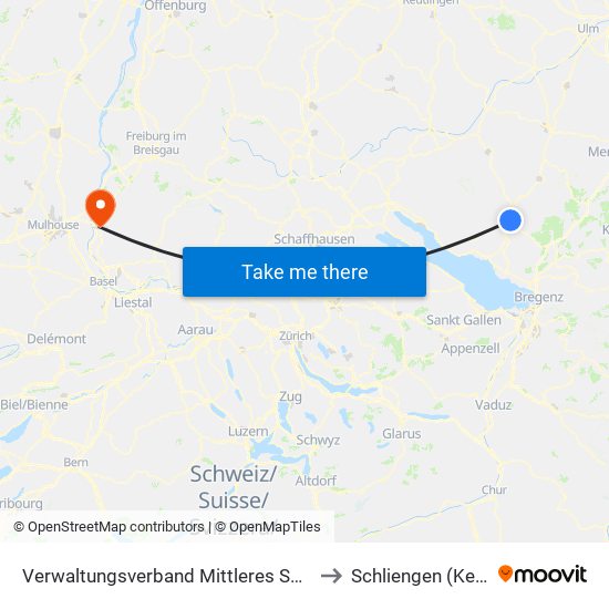 Verwaltungsverband Mittleres Schussental to Schliengen (Kernort) map