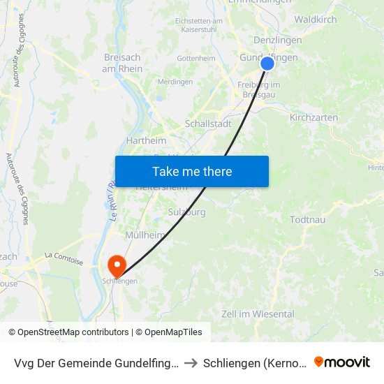 Vvg Der Gemeinde Gundelfingen to Schliengen (Kernort) map