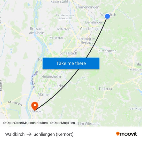 Waldkirch to Schliengen (Kernort) map