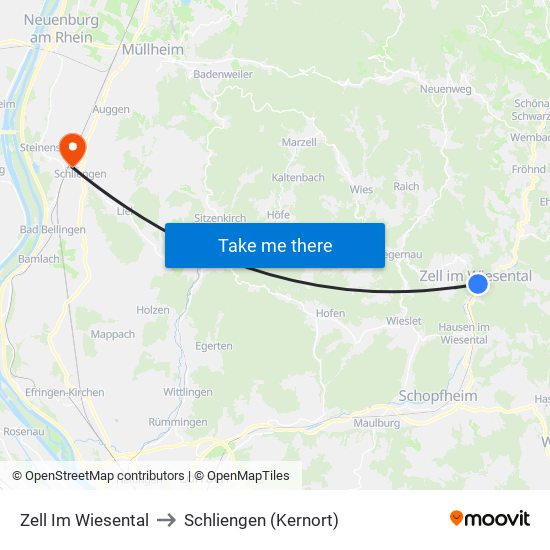 Zell Im Wiesental to Schliengen (Kernort) map