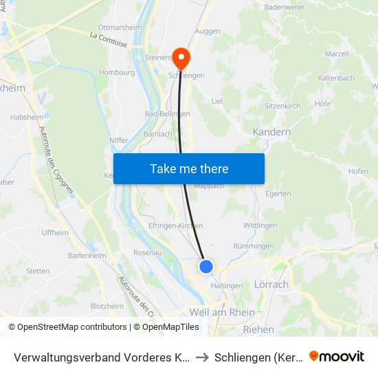 Verwaltungsverband Vorderes Kandertal to Schliengen (Kernort) map
