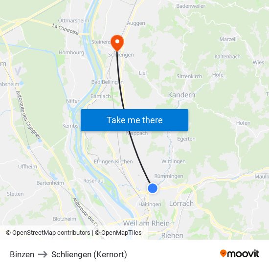 Binzen to Schliengen (Kernort) map