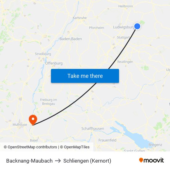 Backnang-Maubach to Schliengen (Kernort) map