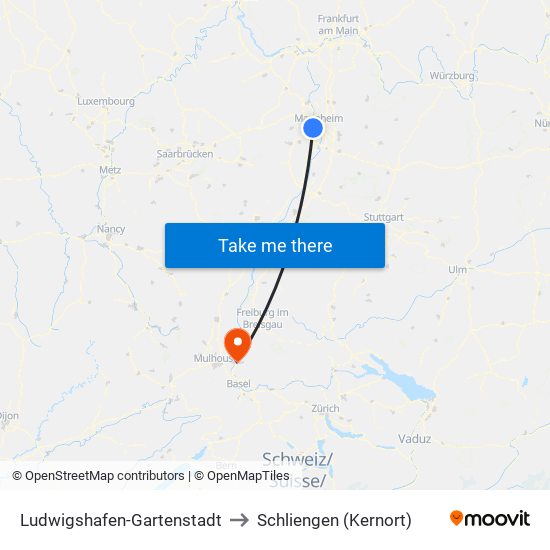 Ludwigshafen-Gartenstadt to Schliengen (Kernort) map