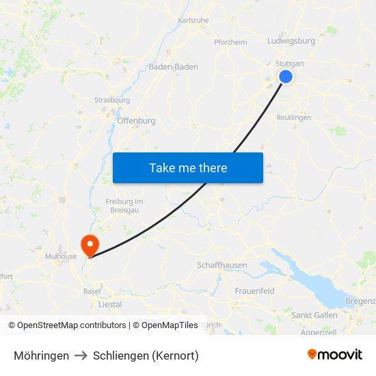 Möhringen to Schliengen (Kernort) map