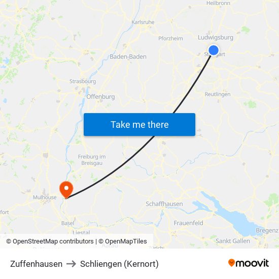 Zuffenhausen to Schliengen (Kernort) map