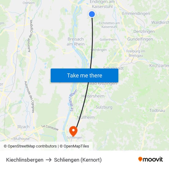 Kiechlinsbergen to Schliengen (Kernort) map