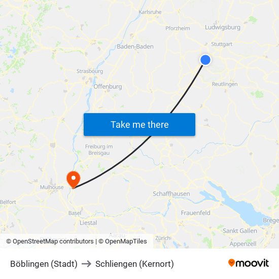 Böblingen (Stadt) to Schliengen (Kernort) map