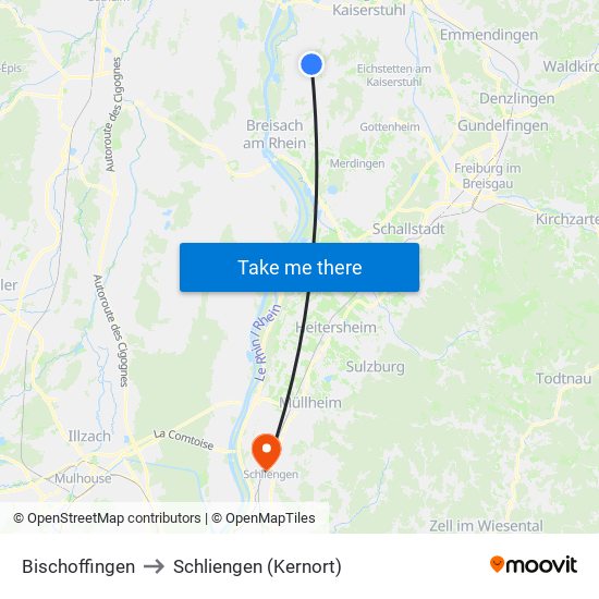 Bischoffingen to Schliengen (Kernort) map