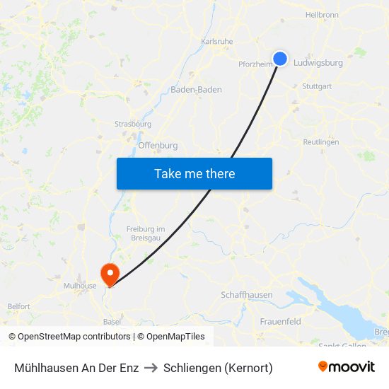 Mühlhausen An Der Enz to Schliengen (Kernort) map
