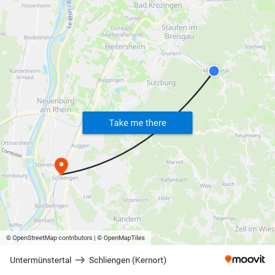 Untermünstertal to Schliengen (Kernort) map