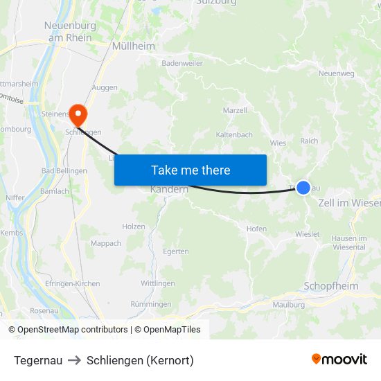 Tegernau to Schliengen (Kernort) map